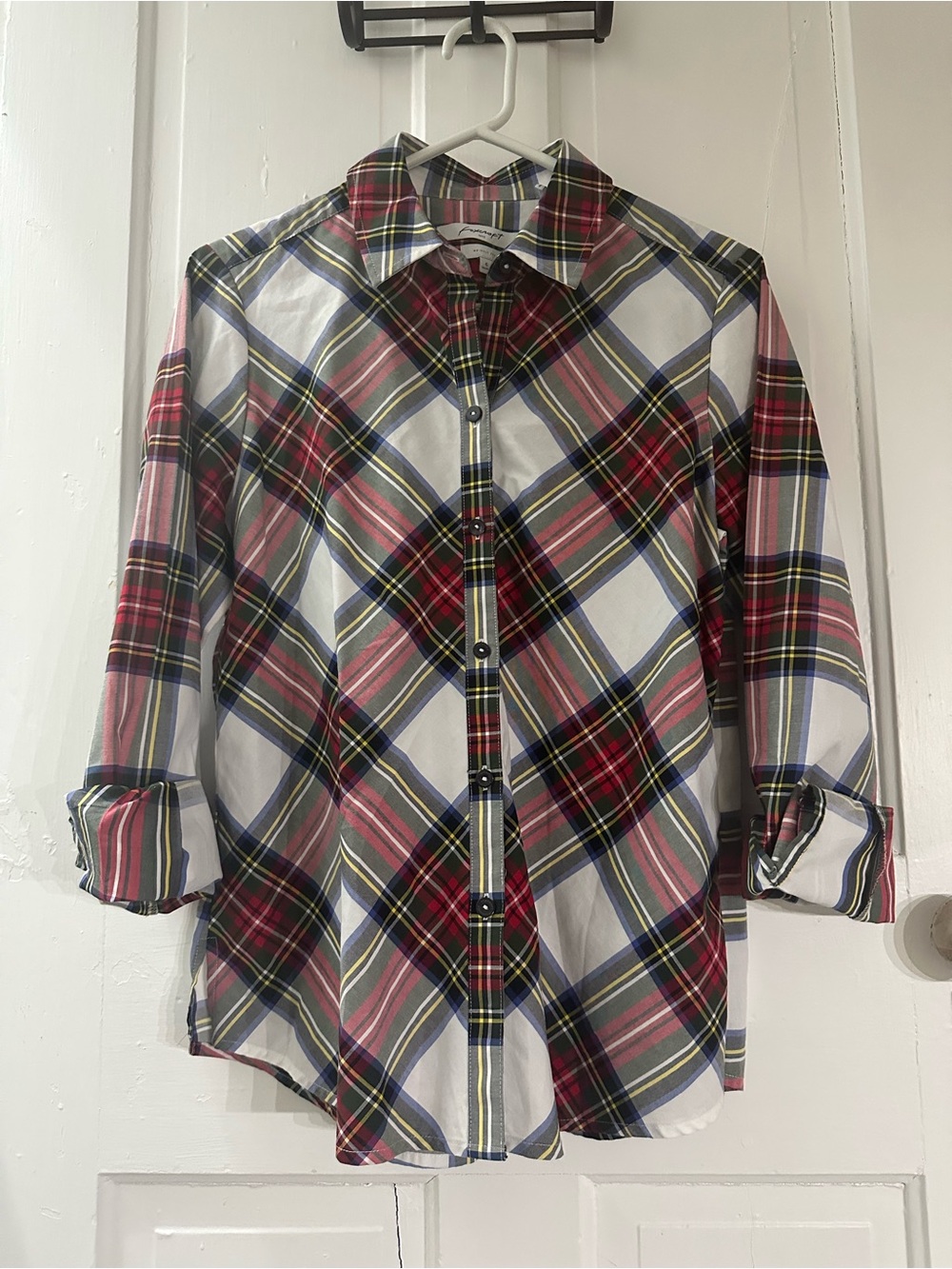 Foxcroft Women's Plaid Button-Down Shirt in White, Red, Blue